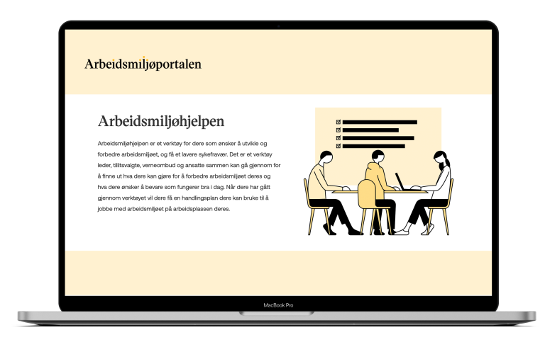 En datamaskin med skjermbilde av den nettbaserte løsningen "Arbeidsmiljøhjelpen"