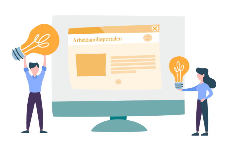 En mann og en kvinne står på hver sin side av en dataskjerm. Begge holder opp lyspærer. På skjermen vises en nettside med overskriften Arbeidsmiljøportalen. Illustrasjon.
